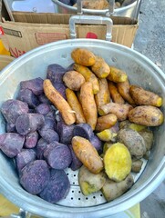 Close up photo of healthy food, boiled tubers, sweet potatoes and potatoes 