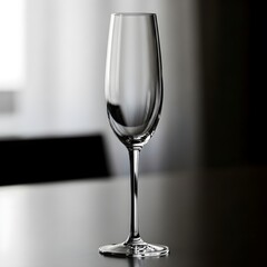 An elegant, empty champagne flute standing on a dark, reflective table with a blurred background.