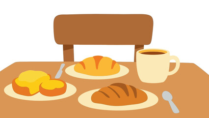 Cozy morning breakfast scene featuring freshly baked golden croissants, delightful pastries, and a warm cup of coffee arranged on an inviting wooden table