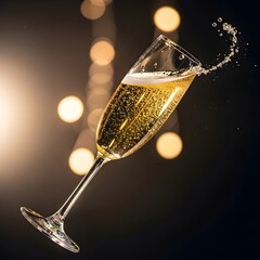 A tilted champagne flute splashes sparkling wine with a festive bokeh light background.