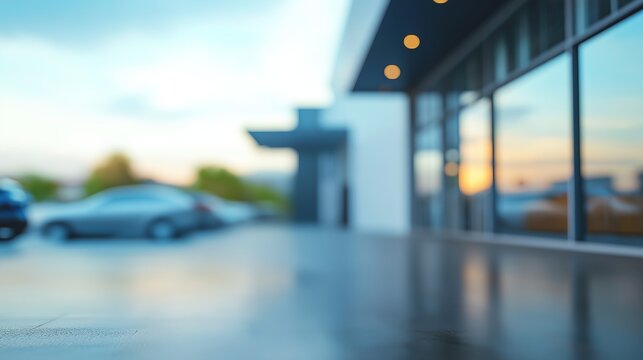 Blurred modern vehicle dealership exterior, defocused business background with automobile showroom architecture and commercial display, automotive retail visualization with copy space