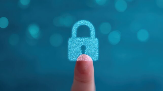 A glowing lock symbol appears above a fingertip, suggesting themes of security and digital protection against a blue background.
