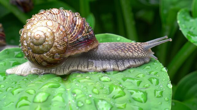 A snail rests on a wet, green leaf, showcasing its shell and elongated body. Water droplets cover the leaf and the snail, highlighting detail