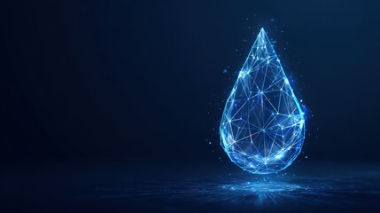 A digital representation of a water droplet, shimmering with a network of interconnected points and lines against a dark background. ..Created with Generative AI, not depicting real subjects.