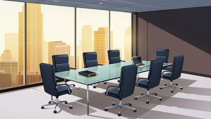 Modern conference room with city view and sleek furniture