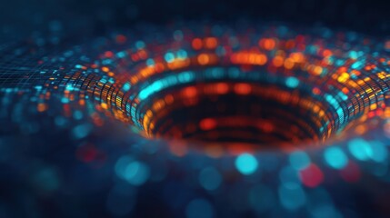A vibrant digital representation of a black hole, showcasing swirling patterns and colorful lights, simulating cosmic phenomena.