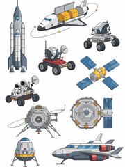 Collection of cartoonstyle illustrations of various spacecraft rovers and space stations