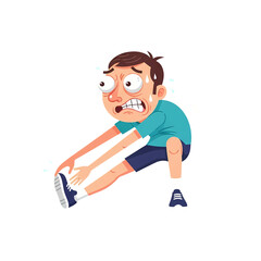 Humorous Cartoon Man Struggling to Stretch and Touch Toes, Sweating with a Painful Expression