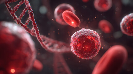 Detailed Microscopic View of Red Blood Cells and DNA Strand, Illustrating Medical Research, Scientific Study, and Biological Processes, Emphasizing Cellular Structures and Genetic Material in a