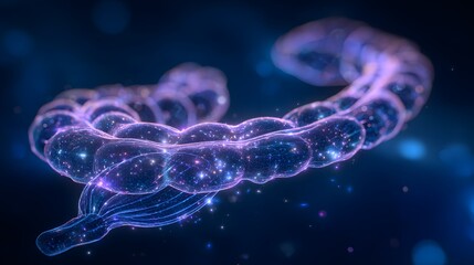 Abstract glowing human colon or large intestine on a dark background, representing medical science and health.