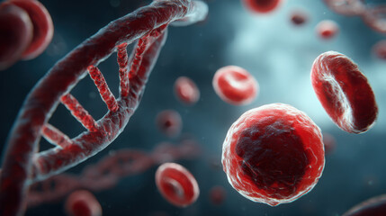 Detailed Microscopic View of Red Blood Cells and DNA Strand, Representing Medical Research, Genetic Studies, and Scientific Visualization with a Focus on Hematology and Molecular Biology