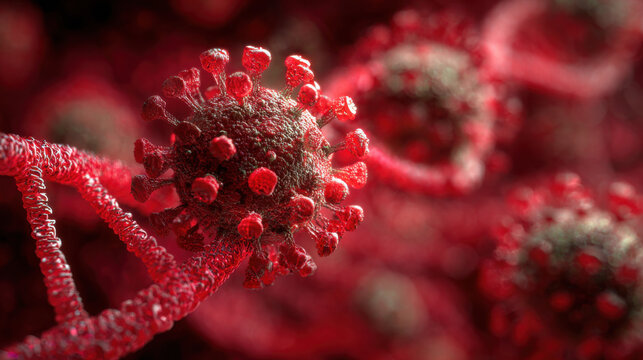 Detailed Microscopic Rendering of Coronavirus with DNA Strand in Red Tones, Illustrating Viral Infection and Genetic Interaction, Suitable for Medical and Scientific Visualizations