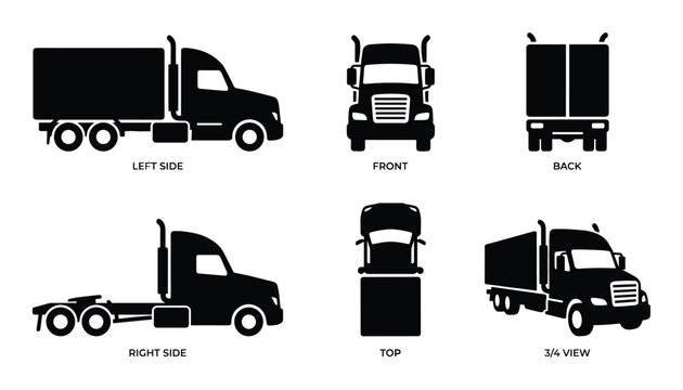 Semi-trailer truck vector set showing left right side front back top and 3/4 views