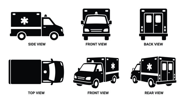 Ambulance vector set showing side front back top and 3/4 views for emergency services