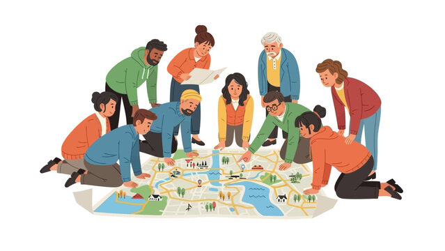 Diverse community members engaged in collaborative strategic planning, gathered around a large city map on the floor