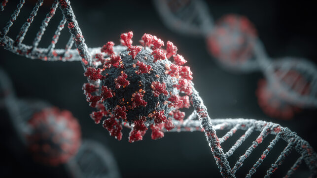 Detailed 3D Render of Coronavirus and DNA Strand, Illustrating Viral Infection and Genetic Impact, Emphasizing Scientific Visualization and Medical Research, with Focus on Molecular Biology and