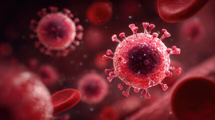 Microscopic View of Coronavirus and Red Blood Cells: Detailed 3D Render of Virus Particles and Blood Cells for Medical and Scientific Visualization, Illustrating Infection and Immune Response