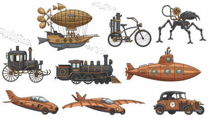 Collection of detailed handdrawn steampunk vehicles and machinery © Faisal