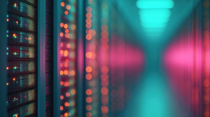 A vibrant data center corridor illuminated by colorful lights, showcasing rows of servers in a futuristic, technological environment.