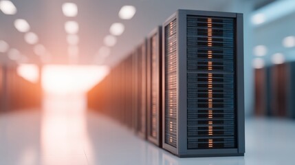A close-up view of a data center server rack, showcasing multiple storage units illuminated in a modern, digital environment.
