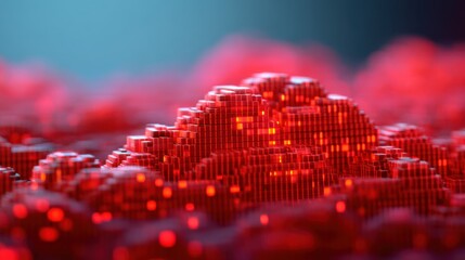 A vibrant, abstract representation of red, glowing structures resembling digital terrain or clouds, set against a cool blue background.