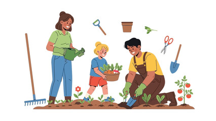 Family gardening together, planting vegetables and enjoying outdoor activities