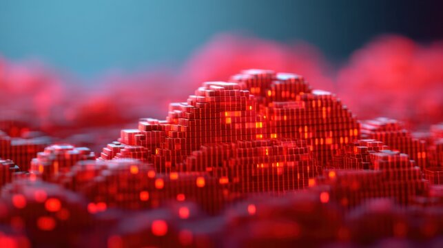 A vibrant, abstract representation of red, glowing structures resembling digital terrain or clouds, set against a cool blue background.
