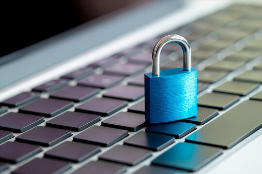 Blue padlock on laptop keyboard digital security - Powered by Adobe