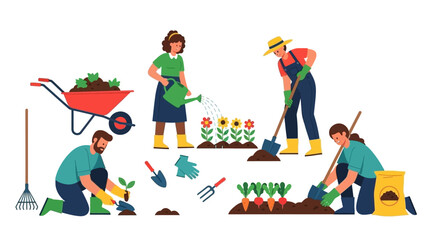 Set of people gardening characters. Farmers planting vegetables and flowers in the garden during spring agricultural work. Vector illustration