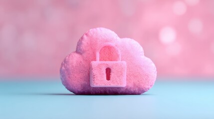 A pink cloud with a padlock symbolizes data security and privacy in a digital world, set against a soft, blurred background.