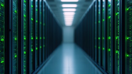 A dimly lit server room with rows of data storage units, showcasing green lights illuminating the technology infrastructure.