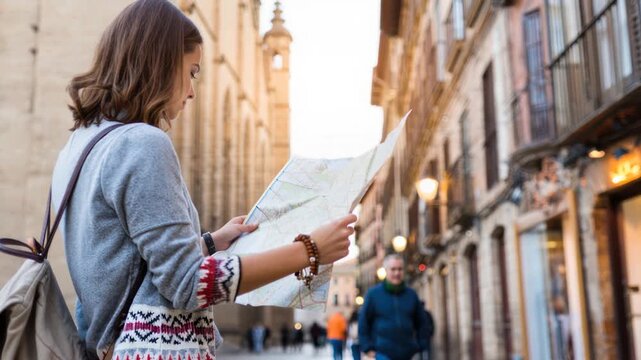 Young woman with backpack on a European old town street, side view facing right, focused on an unfolded map as wind moves her hair, with pedestrians and ancient buildings blurred in the background.