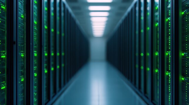 A dimly lit server room with rows of data storage units, showcasing green lights illuminating the technology infrastructure.