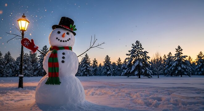 Traditional snowman wearing a top hat and striped scarf, standing in a snowy field next to a glowing lamppost at dusk, with a pine forest in the background.
