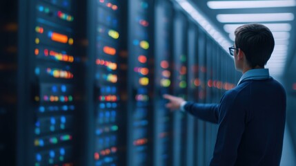 A person interacts with a server room, pointing at illuminated data panels, showcasing technology and network management.
