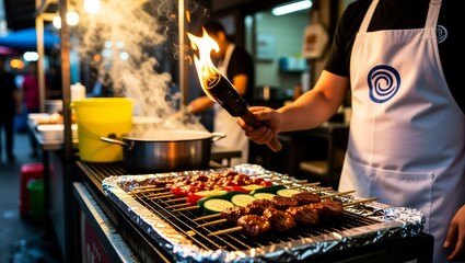 Chef grilling skewers with meat and vegetables on street food stall
