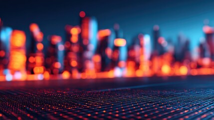 A futuristic cityscape illuminated with vibrant neon lights, featuring a blurred foreground that creates a sense of depth and modernity.