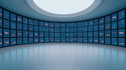 A modern, high-tech room filled with multiple screens displaying data visualizations and graphs in a circular layout.
