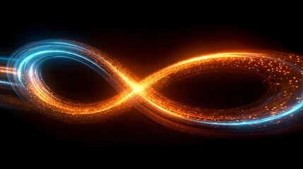 Abstract Infinity Symbol with Glowing Orange and Blue Light Trails on Black Background.