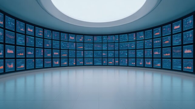 A modern, high-tech room filled with multiple screens displaying data visualizations and graphs in a circular layout.