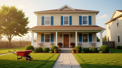 Twostory house with blue shutters and garden