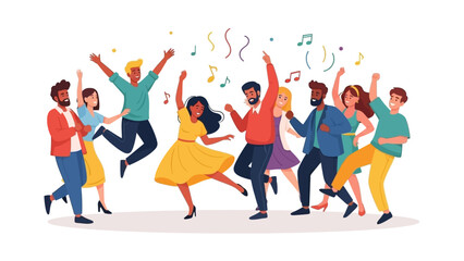 Group of diverse people enjoying a party, dancing and celebrating with confetti and music notes