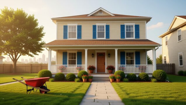 Twostory house with blue shutters and garden