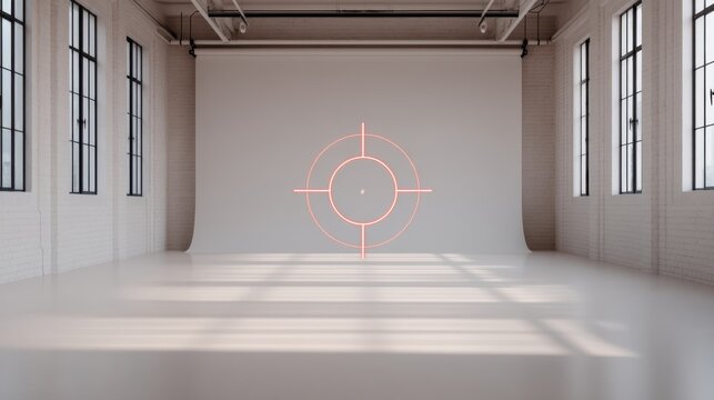A spacious photography studio featuring a plain backdrop and geometric target marking on the floor, illuminated by natural light from large windows.