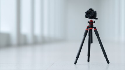 A camera mounted on a tripod stands in a bright, minimalist space, emphasizing photography equipment and modern design.