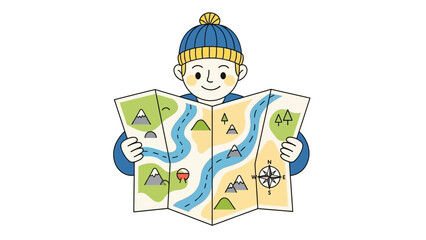 Young Adventurer Boy in Winter Hat Examining a Detailed Paper Map for Navigation and Exploring New Destinations