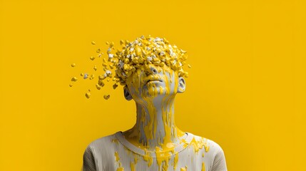 Abstract portrait of a person with a yellow paint explosion on their head, symbolizing creativity and mental processes.