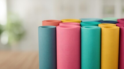 A vibrant collection of rolled yoga mats in various colors, arranged neatly, creating a lively and inviting atmosphere for fitness enthusiasts.