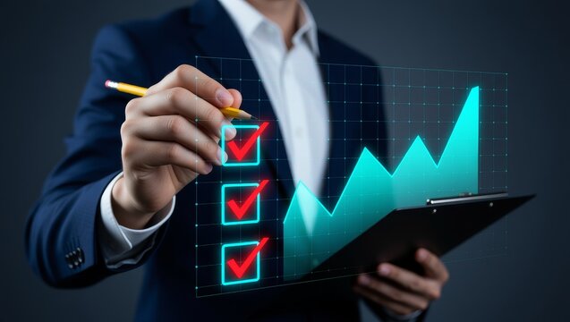 Businessperson marking check boxes on financial graph
