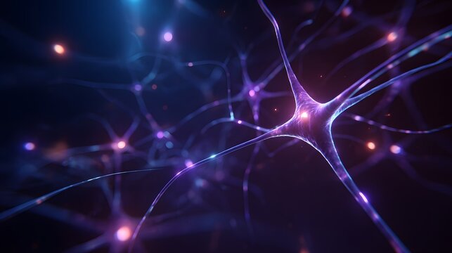 Abstract neural network with glowing connections representing brain activity and artificial intelligence.